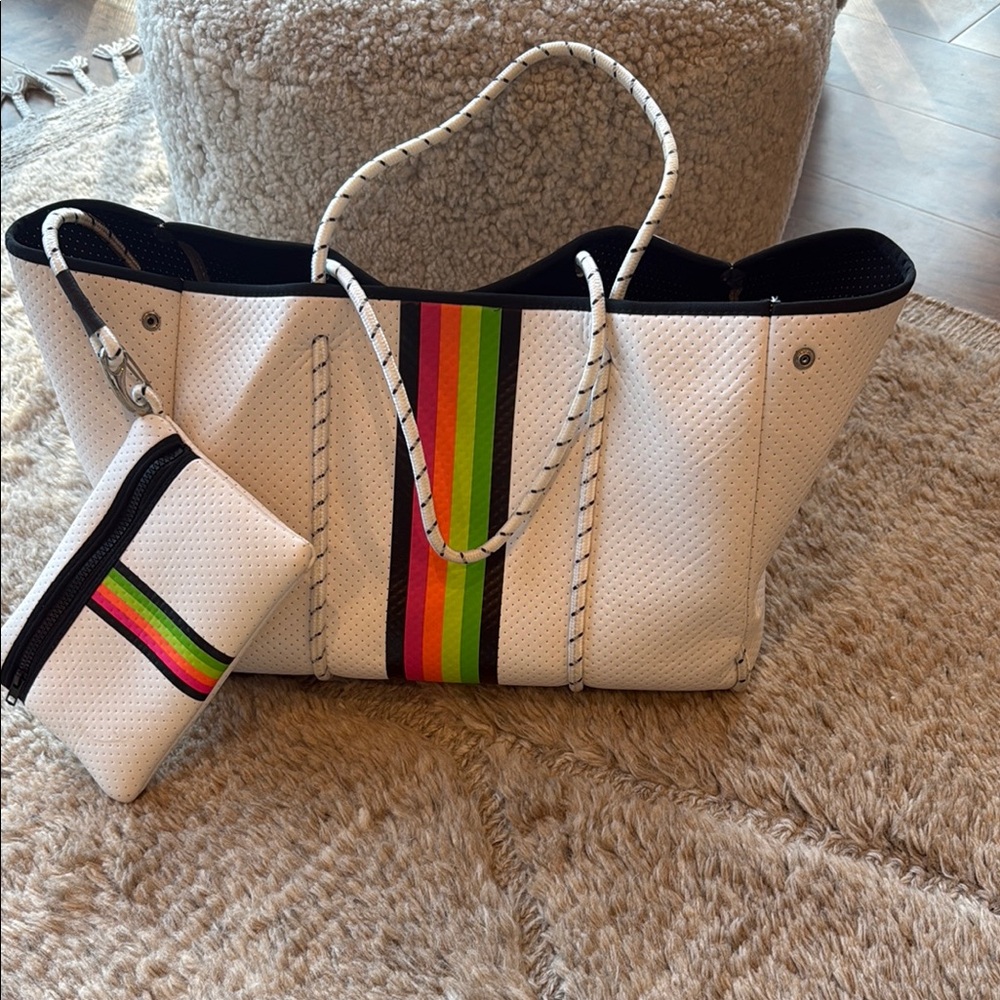 Haute Shore White Tote Bag with Rainbow Stripes